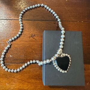 Sterling Silver Beaded Necklace with Black Heart Pendant